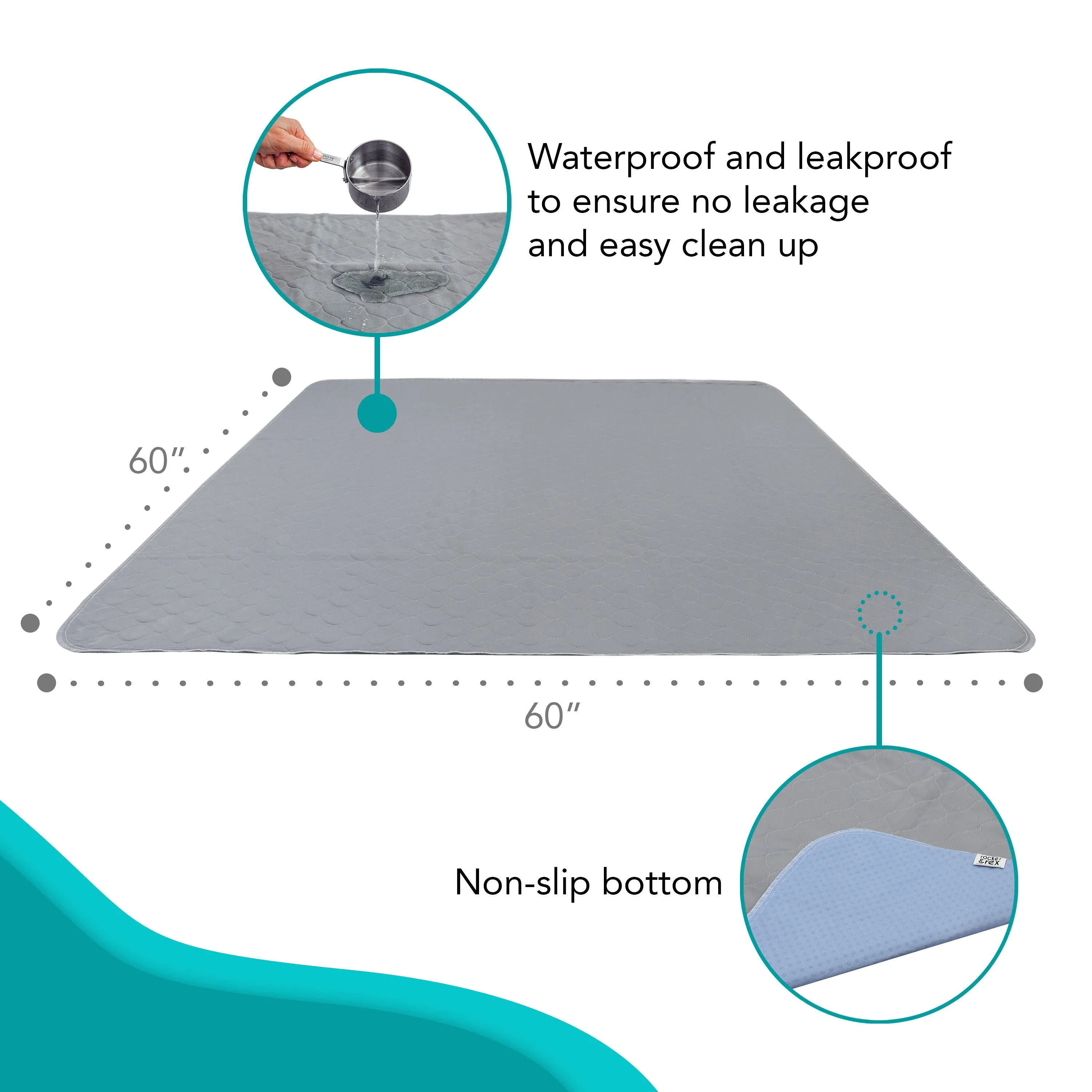 XXL Washable Dog Pad, Nonslip, Grey, 60 x 60"