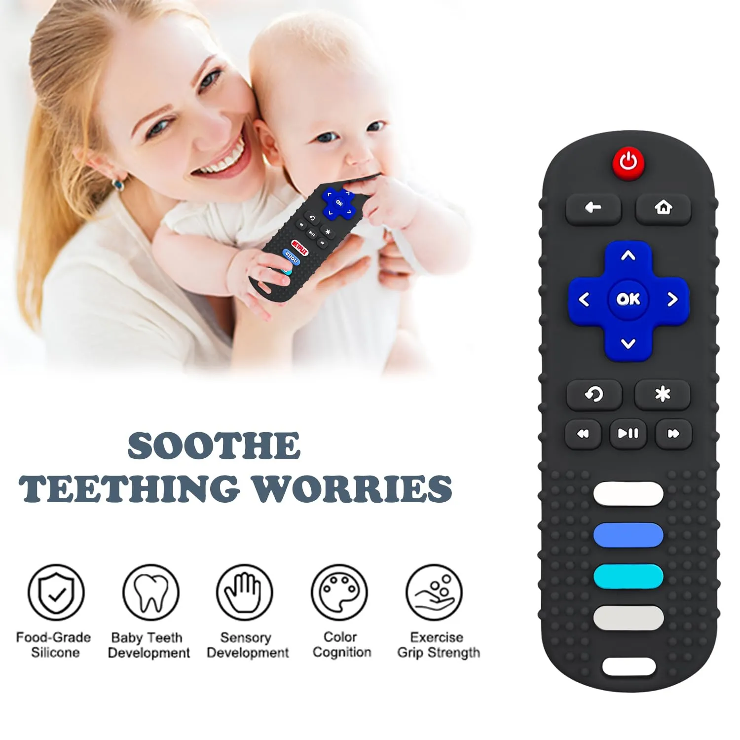 YAPROMO Baby Teething Toys,Reomte Teether Toys, Silicone Chew Toy for Babies 18  Months, Remote Control Shape Teething Toys, Early Educational Toy BPA Free & Refrigerator Safe (Rose Red)